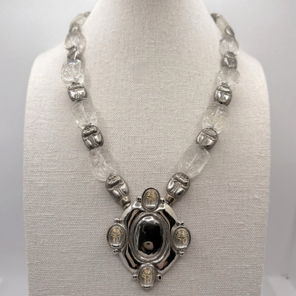 Rare Sutton Hoo Scarab Glass Necklace Egyptian Revival Silver Tone 925 Clasp